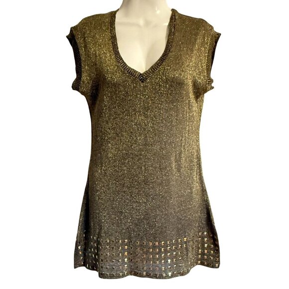 dots brand Gold Metallic Knit V-Neck Sleeveless Tunic Top With Studded Hemline S - Picture 1 of 9